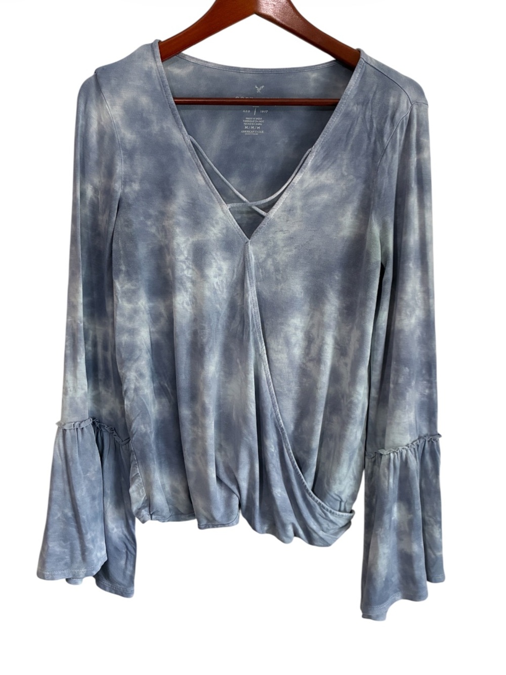 American Eagle Women's Grey-Blue Tie-Dye Flare Sleeve Faux Wrap Top Size Medium
